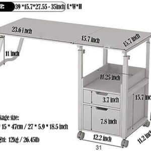 GFertre 2 in 1 Overbed Table with Wheels, Bedroom Side Table, Foldable Bedside Table with Drawer, Height Adjustable Over Bed Desk Laptop Mobile Computer Desk Workstation with Wheels Nightstand (White)