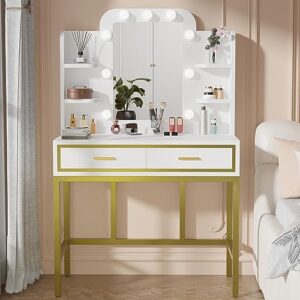 buytime vanity desk with mirror and lights, makeup vanity table with 9 led lights, 2 drawers and 4 storage shelves, modern vanity set for bedroom (white)