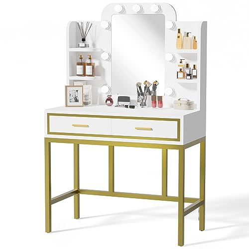 Buytime Vanity Desk with Mirror and Lights, Makeup Vanity Table with 9 LED Lights, 2 Drawers and 4 Storage Shelves, Modern Vanity Set for Bedroom (White)