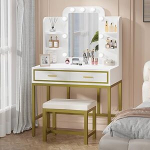 Buytime Vanity Desk with Mirror and Lights, Makeup Vanity Table with 9 LED Lights, 2 Drawers and 4 Storage Shelves, Modern Vanity Set for Bedroom (White)