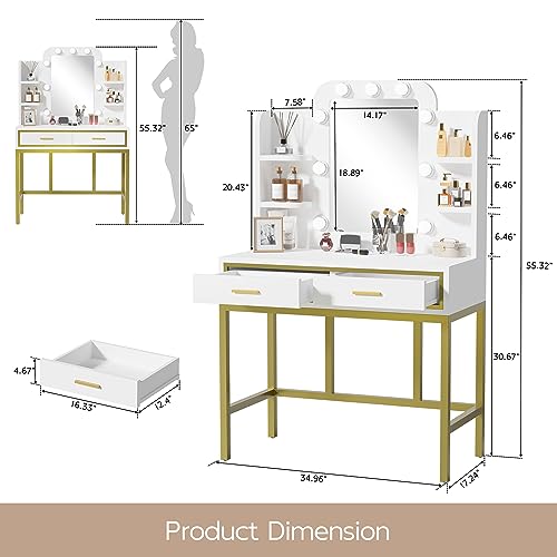 Buytime Vanity Desk with Mirror and Lights, Makeup Vanity Table with 9 LED Lights, 2 Drawers and 4 Storage Shelves, Modern Vanity Set for Bedroom (White)