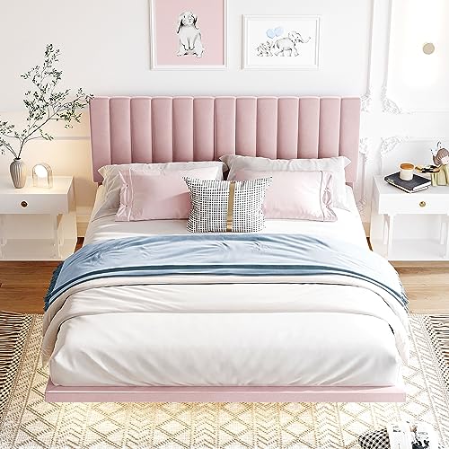 Livavege Queen Floating Bed Frame with LED Lights, Velvet Upholstered Platform Bed with Headboard for Bedroom, Modern Bedframe Queen Size with Spacious Under-Bed Storage, Easy Assembly