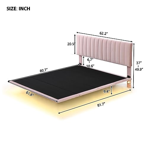 Livavege Queen Floating Bed Frame with LED Lights, Velvet Upholstered Platform Bed with Headboard for Bedroom, Modern Bedframe Queen Size with Spacious Under-Bed Storage, Easy Assembly