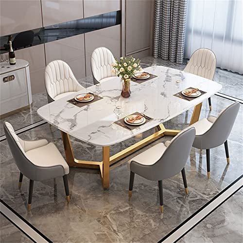 LAKIQ Modern Rectangular Dining Table Whit Faux Marble with Gold Trestle Kitchen Dining Room Table Pedestal Dining Table-Table Only(51.2" L x 27.6" W x 29.5" H)