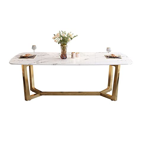 LAKIQ Modern Rectangular Dining Table Whit Faux Marble with Gold Trestle Kitchen Dining Room Table Pedestal Dining Table-Table Only(51.2" L x 27.6" W x 29.5" H)