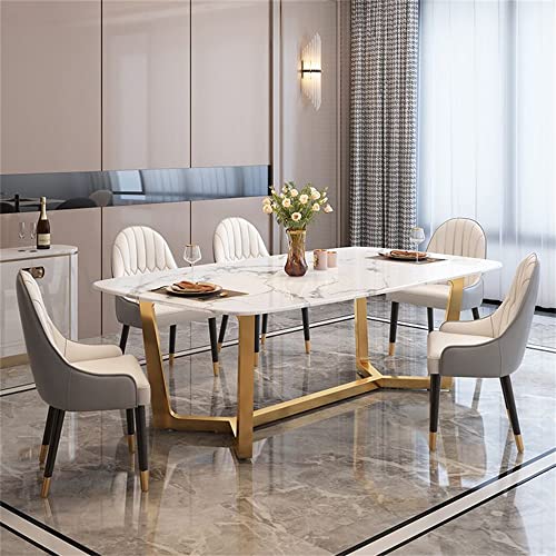 LAKIQ Modern Rectangular Dining Table Whit Faux Marble with Gold Trestle Kitchen Dining Room Table Pedestal Dining Table-Table Only(51.2" L x 27.6" W x 29.5" H)