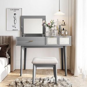 Lifeand 43.3" Classic Wood Makeup Vanity Set with Flip-top Mirror and Stool, Dressing Table with Three Drawers and Storage Space,Gray