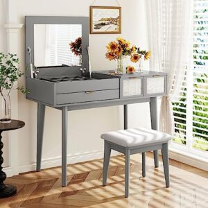 lifeand 43.3" classic wood makeup vanity set with flip-top mirror and stool, dressing table with three drawers and storage space,gray