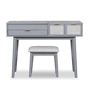 Lifeand 43.3" Classic Wood Makeup Vanity Set with Flip-top Mirror and Stool, Dressing Table with Three Drawers and Storage Space,Gray