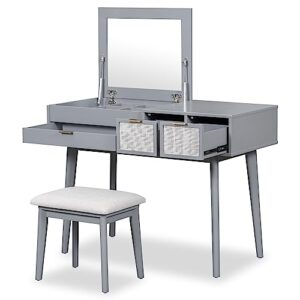 Lifeand 43.3" Classic Wood Makeup Vanity Set with Flip-top Mirror and Stool, Dressing Table with Three Drawers and Storage Space,Gray