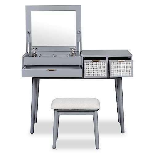 Lifeand 43.3" Classic Wood Makeup Vanity Set with Flip-top Mirror and Stool, Dressing Table with Three Drawers and Storage Space,Gray