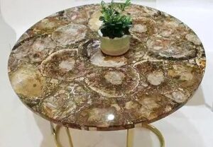 60 x 60 inches round shape marble dining table top resin with brown petrified stone restaurant table for hotel decor