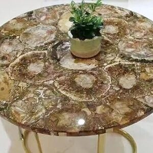 60 x 60 Inches Round Shape Marble Dining Table Top Resin with Brown Petrified Stone Restaurant Table for Hotel Decor