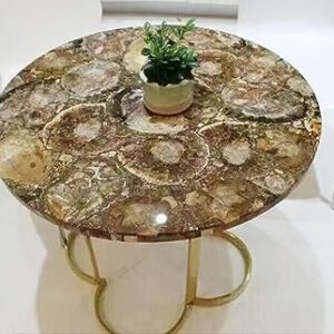 60 x 60 Inches Round Shape Marble Dining Table Top Resin with Brown Petrified Stone Restaurant Table for Hotel Decor