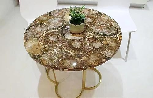 60 x 60 Inches Round Shape Marble Dining Table Top Resin with Brown Petrified Stone Restaurant Table for Hotel Decor