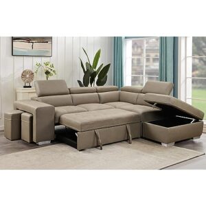 thsuper 104'' sectional sleeper sofa with pull out bed and storage chaise ottoman, l shaped sectional couch with reclining headrest and stools for living room, microfiber upholstered - light brown