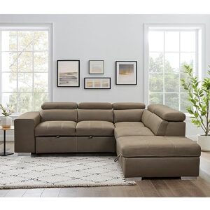THSUPER 104'' Sectional Sleeper Sofa with Pull Out Bed and Storage Chaise Ottoman, L Shaped Sectional Couch with Reclining Headrest and Stools for Living Room, Microfiber Upholstered - Light Brown
