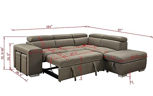 THSUPER 104'' Sectional Sleeper Sofa with Pull Out Bed and Storage Chaise Ottoman, L Shaped Sectional Couch with Reclining Headrest and Stools for Living Room, Microfiber Upholstered - Light Brown