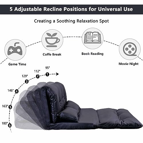 Mdhitsox Floor Sofa Bed with 2 Pillows, Adjustable Lazy Sofa, Folding Futon Couch, Video Gaming Sofa for Bedroom/Living Room/Balcony, Lounge Couch Bed, 5 Reclining Position (Black)