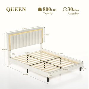 Origeture Queen Platform Bed Frame with Adjustable Headboard, Velvet Upholstered Queen Bed Frame Modern with Wooden Slats & Gold Tufted, Heavy Duty, Easy Assembly, No Box Spring Needed, Beige