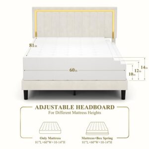 Origeture Queen Platform Bed Frame with Adjustable Headboard, Velvet Upholstered Queen Bed Frame Modern with Wooden Slats & Gold Tufted, Heavy Duty, Easy Assembly, No Box Spring Needed, Beige