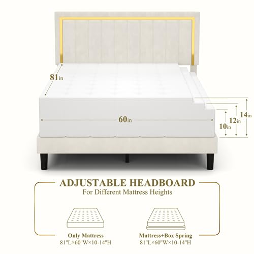 Origeture Queen Platform Bed Frame with Adjustable Headboard, Velvet Upholstered Queen Bed Frame Modern with Wooden Slats & Gold Tufted, Heavy Duty, Easy Assembly, No Box Spring Needed, Beige