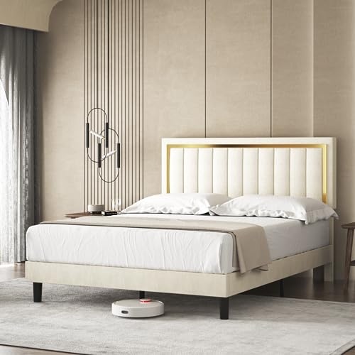 Origeture Queen Platform Bed Frame with Adjustable Headboard, Velvet Upholstered Queen Bed Frame Modern with Wooden Slats & Gold Tufted, Heavy Duty, Easy Assembly, No Box Spring Needed, Beige