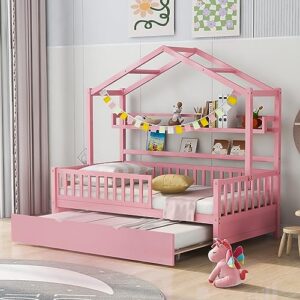 twin size house bed for kids, wooden floor bed frame with trundle & house roof frame, kids bed twin with shelf, guardrails & slat support, box spring needed (pink)