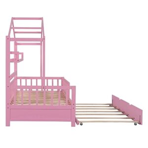 Twin Size House Bed for Kids, Wooden Floor Bed Frame with Trundle & House Roof Frame, Kids Bed Twin with Shelf, Guardrails & Slat Support, Box Spring Needed (Pink)