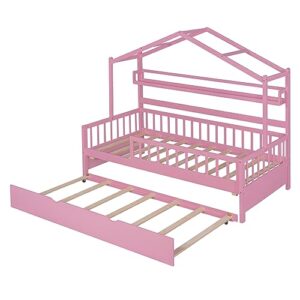 Twin Size House Bed for Kids, Wooden Floor Bed Frame with Trundle & House Roof Frame, Kids Bed Twin with Shelf, Guardrails & Slat Support, Box Spring Needed (Pink)