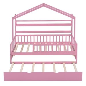 Twin Size House Bed for Kids, Wooden Floor Bed Frame with Trundle & House Roof Frame, Kids Bed Twin with Shelf, Guardrails & Slat Support, Box Spring Needed (Pink)