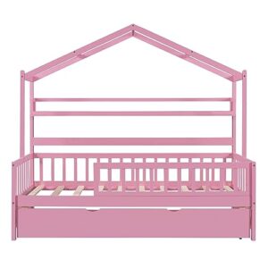 Twin Size House Bed for Kids, Wooden Floor Bed Frame with Trundle & House Roof Frame, Kids Bed Twin with Shelf, Guardrails & Slat Support, Box Spring Needed (Pink)