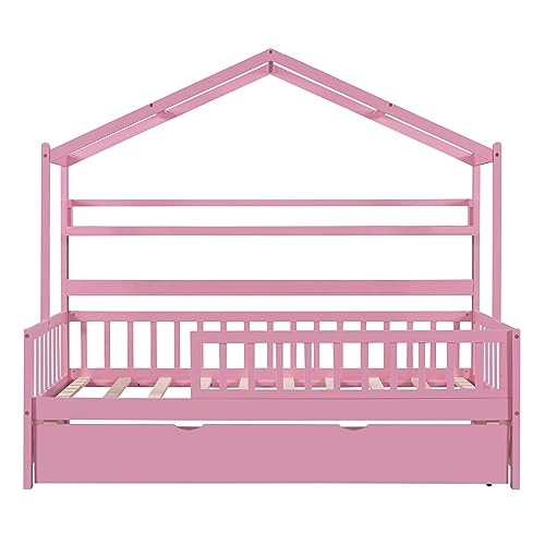 Twin Size House Bed for Kids, Wooden Floor Bed Frame with Trundle & House Roof Frame, Kids Bed Twin with Shelf, Guardrails & Slat Support, Box Spring Needed (Pink)