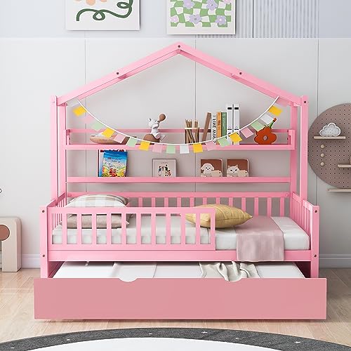 Twin Size House Bed for Kids, Wooden Floor Bed Frame with Trundle & House Roof Frame, Kids Bed Twin with Shelf, Guardrails & Slat Support, Box Spring Needed (Pink)