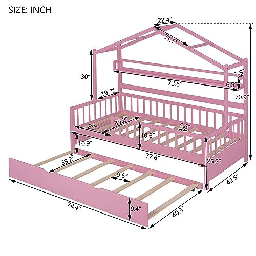 Twin Size House Bed for Kids, Wooden Floor Bed Frame with Trundle & House Roof Frame, Kids Bed Twin with Shelf, Guardrails & Slat Support, Box Spring Needed (Pink)