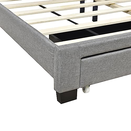 OMMGG Queen Size Upholstered Platform Bed with Two Drawers and Button Tufted Headboard, Linen Fabric Storage Bedframe w/Reinforced Wooden Slats & 4 Supporting Legs, No Box Spring Needed