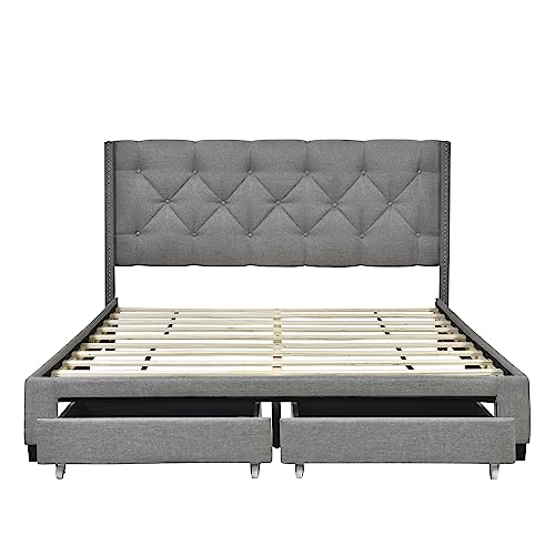 OMMGG Queen Size Upholstered Platform Bed with Two Drawers and Button Tufted Headboard, Linen Fabric Storage Bedframe w/Reinforced Wooden Slats & 4 Supporting Legs, No Box Spring Needed