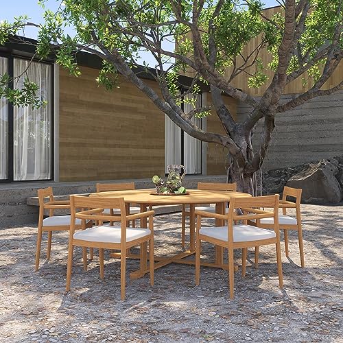 Oxford Garden Lido 7 Pc Teak Dining Set W/ 67 Inch Round Table in Natural/Bliss Linen