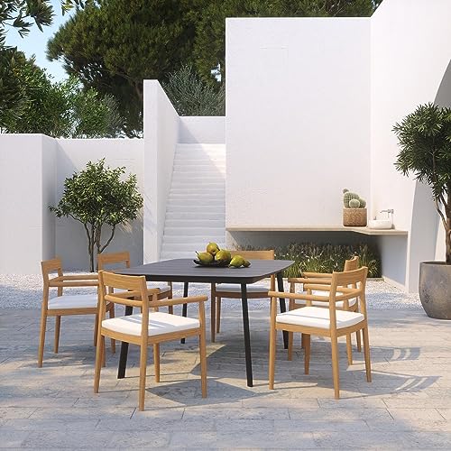 Oxford Garden Lido 7 Pc Teak Dining Set W/ 63 Inch Rectangular Table in Carbon/Bliss Linen