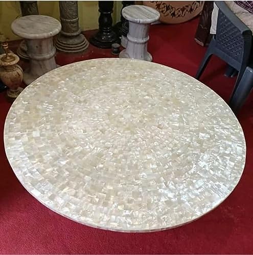 42 x 42 Inches Overlaid with Mother of Pearl Reception Table for Restaurant Decor Round Shape Marble Dining Table Top