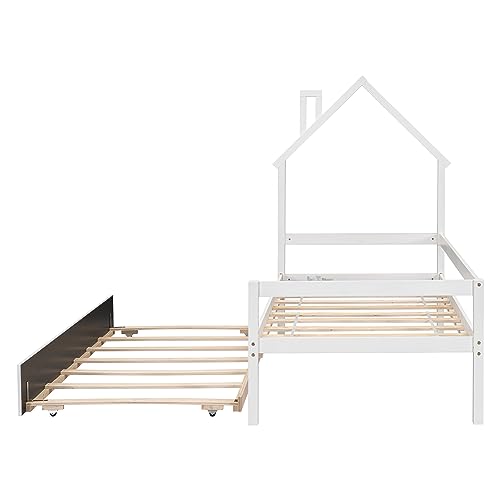 GEEVIVO Twin Daybed with Trundle, Wooden Twin Size Platform Day Bed Frame with House-Shape Headboard, Modern Sofa Bedframe for Boys/Girls/Teens/Kids Bedroom, No Box Spring Required (White)