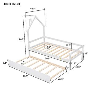 GEEVIVO Twin Daybed with Trundle, Wooden Twin Size Platform Day Bed Frame with House-Shape Headboard, Modern Sofa Bedframe for Boys/Girls/Teens/Kids Bedroom, No Box Spring Required (White)