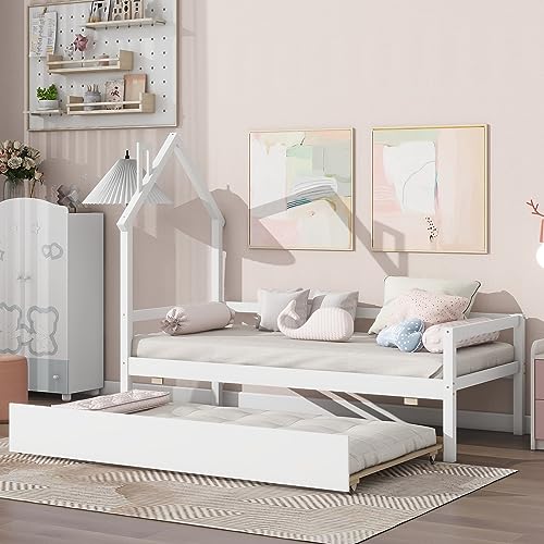 GEEVIVO Twin Daybed with Trundle, Wooden Twin Size Platform Day Bed Frame with House-Shape Headboard, Modern Sofa Bedframe for Boys/Girls/Teens/Kids Bedroom, No Box Spring Required (White)