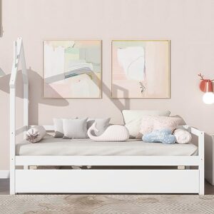 GEEVIVO Twin Daybed with Trundle, Wooden Twin Size Platform Day Bed Frame with House-Shape Headboard, Modern Sofa Bedframe for Boys/Girls/Teens/Kids Bedroom, No Box Spring Required (White)