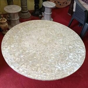 48 x 48 Inches Round Marble Dining Table Top Mother of Pearl Overlay Work Office Desk from Indian Cottage Crafts and Art