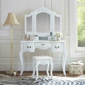 winvox vanity set, white tri-folding mirror vanity set 5 drawers dressing table makeup desk stool zlycfcdus