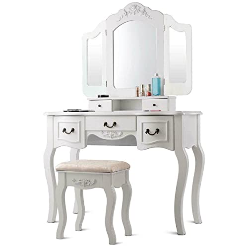 WINVOX Vanity Set, White Tri-Folding Mirror Vanity Set 5 Drawers Dressing Table Makeup Desk Stool ZLYCFCDUS