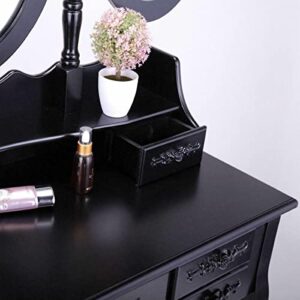 OTHZON Vanity Makeup Table 3 Mirror 7 Drawer Vanity Makeup Table Dressing Wood Desk Set with Stool Black GPJCFCDUS