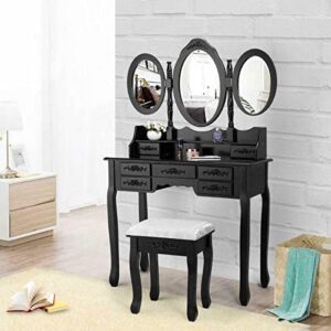 OTHZON Vanity Makeup Table 3 Mirror 7 Drawer Vanity Makeup Table Dressing Wood Desk Set with Stool Black GPJCFCDUS