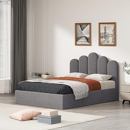 QNZK Full Size Lift Up Storage Bed, Velvet Headboard Upholstered Platform Bed Frame with Hydraulic Storage System & Wooden Slats Support, No Box Spring Needed, Under Bed Storage, Grey